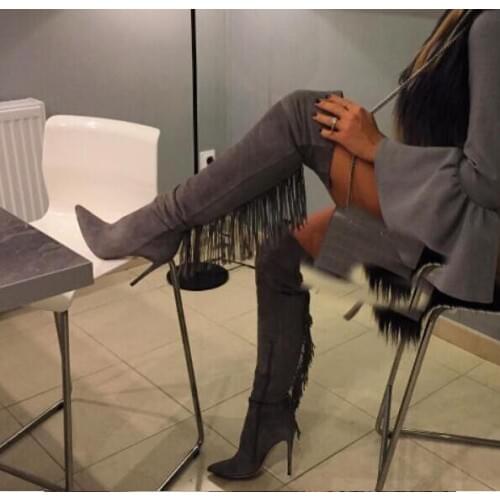 Sexy Grey Suede Pointed Toe Fringe Over The Knee Boots Side Zippers Women Fall Winter Motorcycle Thigh High Boots Plus Size 10