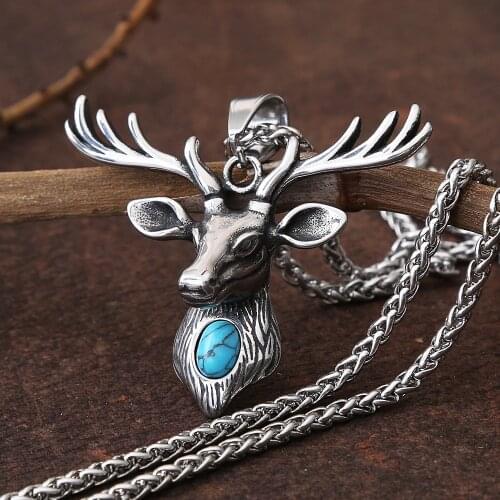 Personality Deer Head Pendant Necklace For Men Punk Stainless Steel Deer Head Animal Pendant Necklace Men Women Chain