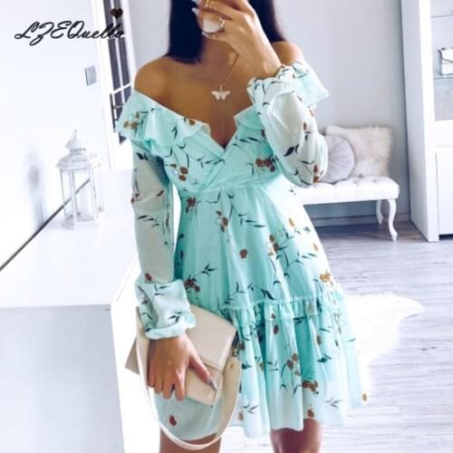 LZEQuella Floral Print Ruffles Mini Boho Dress Spring 2021 Chiffon Long Sleeve V neck Backless Short Dress vestidos NZ1352