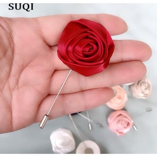 SOQI New Lapel dress 16 colors Flower rose Handmade Boutonniere Stick Brooches Pin for Men and women Accessories in Party 2019