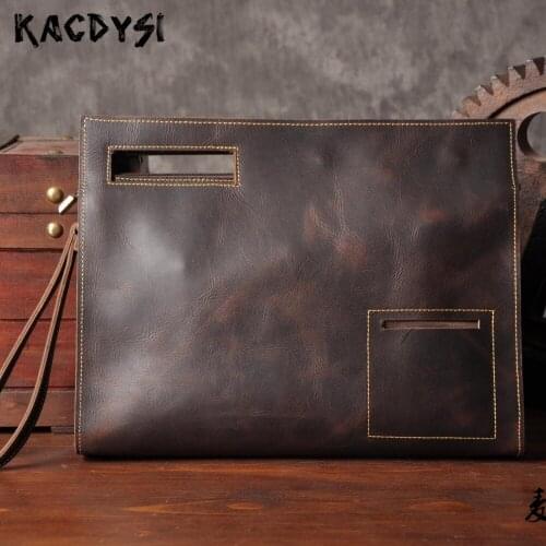 Crazy Horse Leather Mens Handbag Original Retro Genuine Cow Leather Large Envelope Document Package Unique Man Tote Shoulder Bag