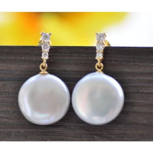 P7400 AAA+ 15mm White Coin Freshwater Pearl Dangle Earring CZ