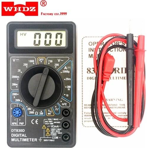 WHDZ DT-830D Mini Digital Multimeter with Buzzer Overload protection Safety Voltage Ampere Ohm Tester Probe DC AC LCD Black