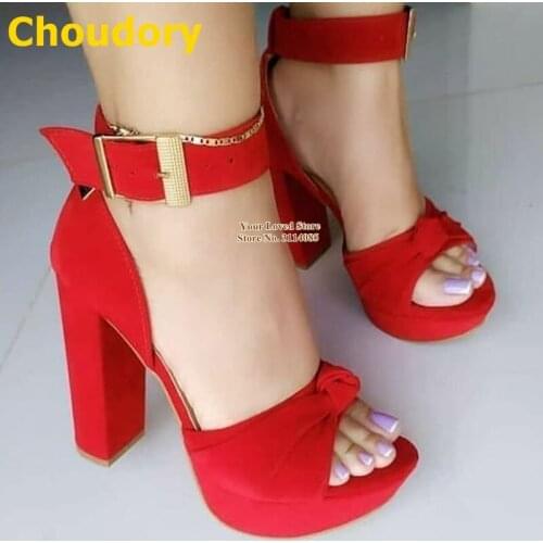 Choudory Red Pink Suede Chunky Heel Bowtie Sndals Ankle Buckle Strap Butterfly-knot Wedding Pumps Size46 Gladiator Heels