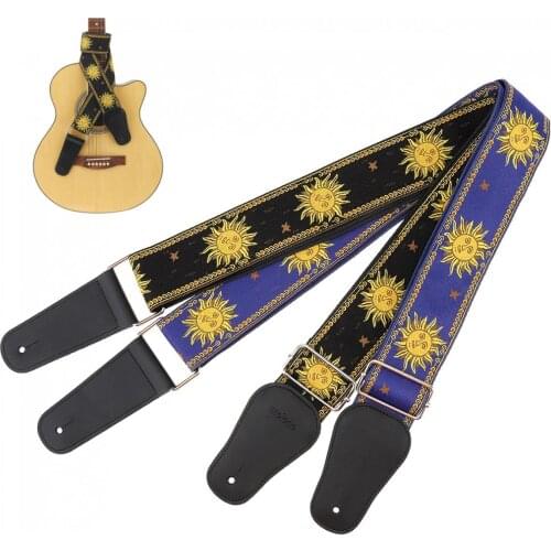 Jacquard Weave Double Fabric Guitar Strap Sun Flower Pattern Genuine Leather Ends with for Acoustic Electric Guitar Bass