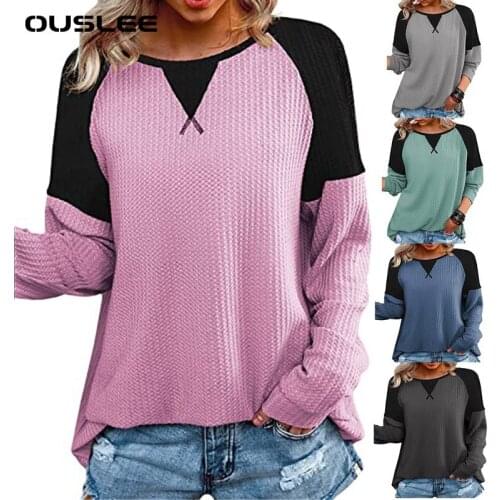 OUSLEE Women Autumn Solid Patchwork Long Sleeve T-Shirts Causal Loose O Neck Fashion Shirts Tops Lady Vintage Oversize Pullover