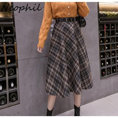 Neophil Women Winter Plaid Woolen Checkered Midi Skirts With Belt High Waist England Style Grid Flare Umbrella Wool Skirt S21819