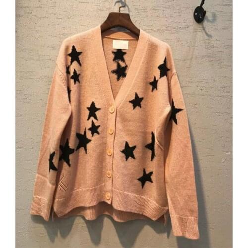Woman pink 100% Cashmere Cardigan Contrast Stars Embroidered V-neck Front Buttons Long Sleeves 2022 Autumn Winter Sweaters