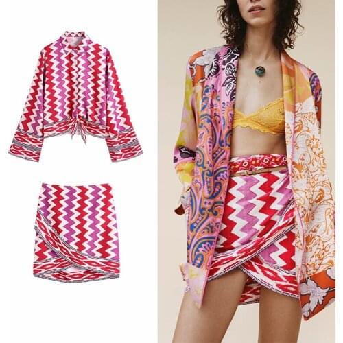 Za 2pcs Women Print Shirt +Short Set 2021 New Bow Single Breasted Blouses Summer Female Tops Casual Long Sleeve Shirt Outwear