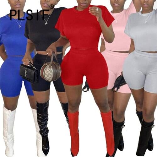 Women O Neck 2 Pieces Crop Top And Shorts Suit Fashion Two Pieces Outfits Ladies Sporty Set