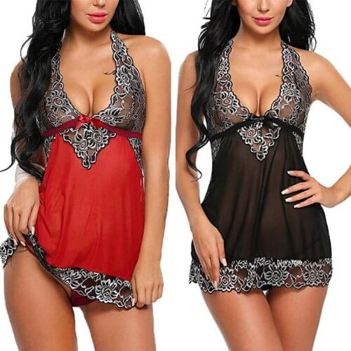 S-3XL Deep V Neck Women Lace Sexy Lingerie Hot Erotic Bow Transparent Dress Porno Costumes