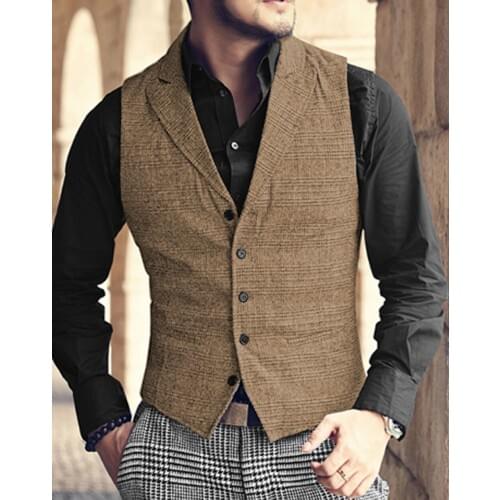 Mens Vest Brown Plaid Tweed Suit Vest Casual Notch Lapel Waistcoat Groomsmen Winter Coat For Wedding ,patry,new