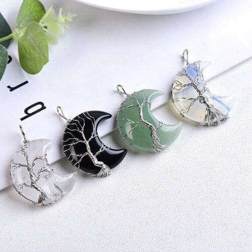 1pc Natural Crystal Moon Shape Pendant Tree Of Life Silver-plated Winding Wire Reiki Polished Mineral Jewelry Healing Stone Gift