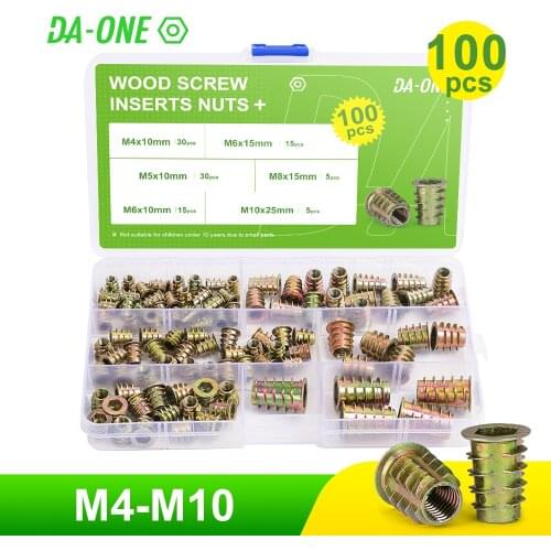 100Pcs/Set M4 M5 M6 M8 M10 Zinc Alloy Thread For Wood Insert Nut Flanged Hex Drive Head Woodworking Furniture Nuts Kit