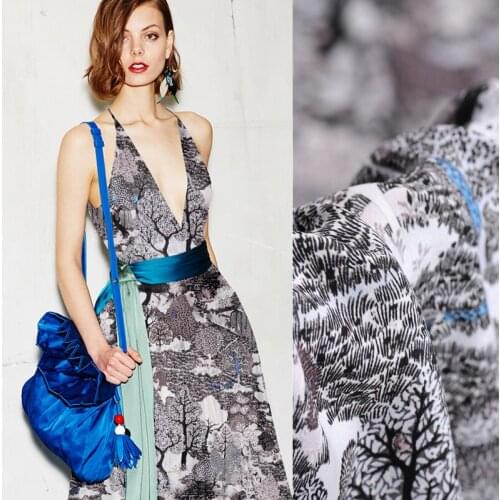 110CM 30MM Gray Pine Print Stretch Heavy Silk Crepe Fabric Good for Spring Summer Dress Skirt Shirt Scarf Pants J161