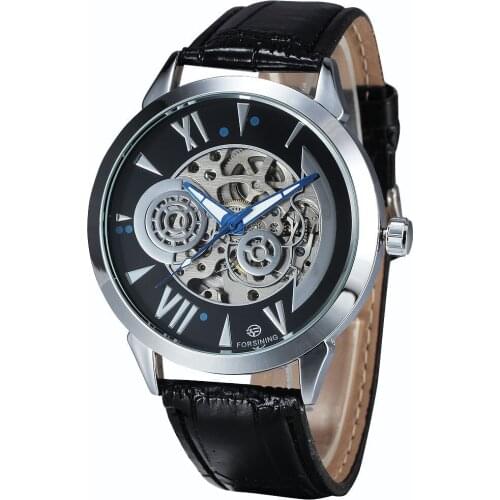 2015 Luxury Brand Automatic Mechanical Men Watches Steel Case Skeleton Dial Transparent Back PU Leather Strap Relogio Masculino