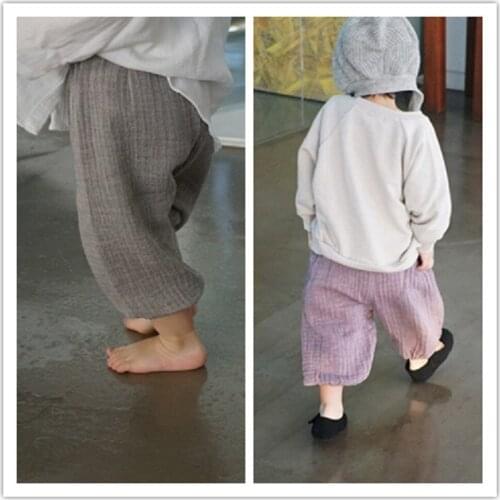 2021 Childrens Clothing Spring Summer Korean Cotton Linen Wrinkled Calf-length Bloomers Childrens Wide-leg Pants Baby Pants