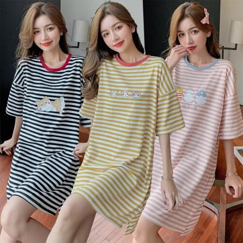 2021 Summer 100% Cotton Short Sleeve Casual Striped Nightgown for Women Korean Sleepwear Night Gown Nightdress Home Dress Nighty