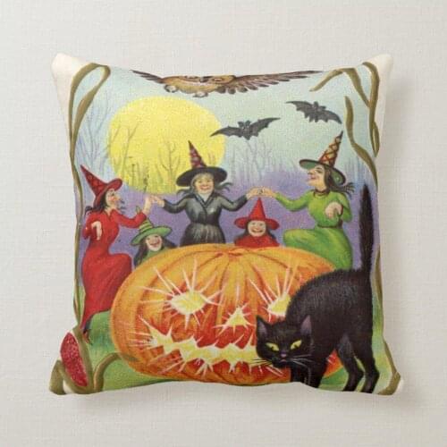 Witches Dancing Around Jack O' Lantern Throw Pillow,Halloween Decoration,Pillow Cover,Autumn Decorative,Cute Halloween Home Gift