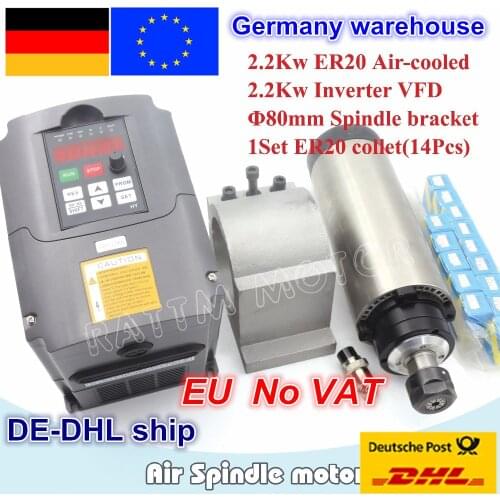 2.2KW Air cooled spindle motor ER20 4 bearings & 2.2kw Inverter VFD 3HP 220V & 80mm aluminium Clamp + 1 set ER20 collet (14pcs)
