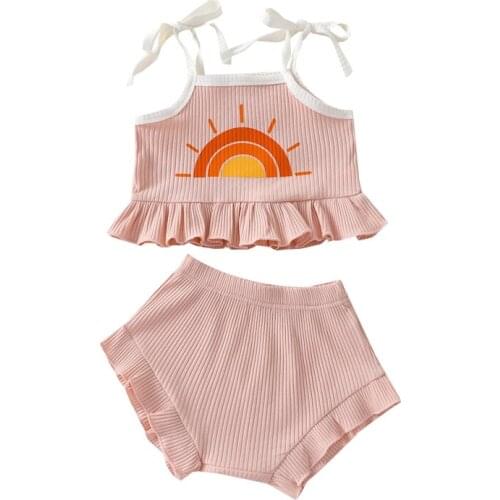 Cotton Baby Kid Camisole + Shorts Sun Pattern Bow Straps Elastic Waist Sweet Style Summer Fashion Clothing Set