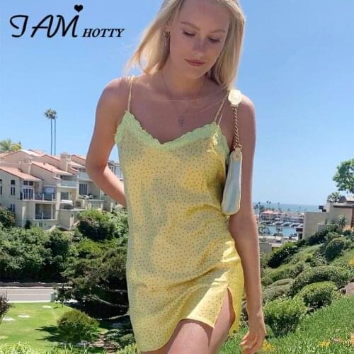 Iamhotty DOT Print Spaghetti Strap Harajuku Mini Dress Women V Neck Lace Sexy Vintage Cute Dresses Ladies Bodycon 90s Clothes