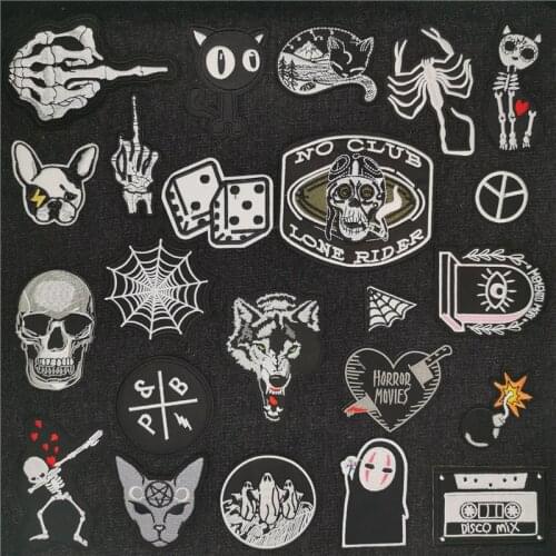 Fine Skull Punk Embroidered Patches Wolf Spider Web Stripes Black and White Animal Cat Appliques Iron On Clothes Jeans Badges