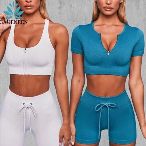 GAUENEEN Seamless Ribbed Yoga Set Women U Neck Zipper Sports Bra Crop Top High Waist Shorts Gym Leggings Fitness Sportswear