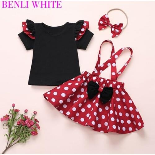 3Pcs Toddler Girls Suits 2021 Black Flashing Short-sleeved Top Dot Suspender Skirt Hair Hoop Birthday Vestidos Dress 1-4T