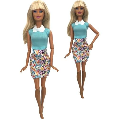 NK One Set Doll Noble Blue Floral Short-sleeved Dress Fashion Suit Suitable For Barbie Accessories Doll Best Child Girl Gift 8X