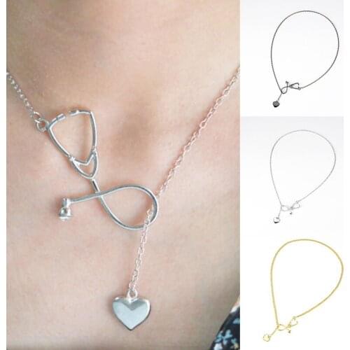 1pc Medical Equipment Nurse Heart Stethoscope Necklace Black Silvery Golden Rose Gold For Women Girl Jewelry Gift
