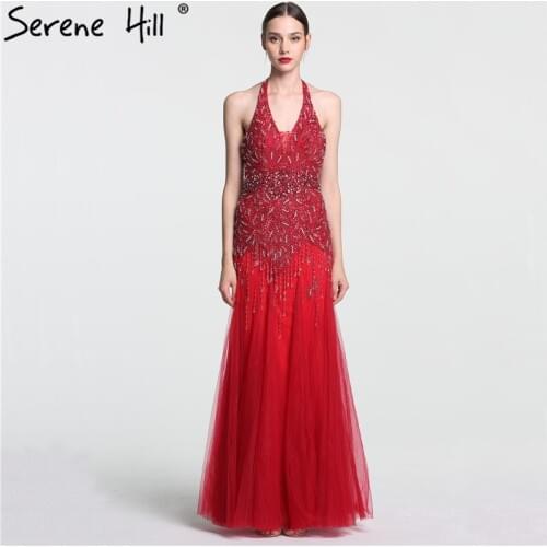 Newest Red Halter Diamond Crystal Evening Dress Mermaid Fashion Sexy Backless Evening Gown 2020 Serene Hill LA6151