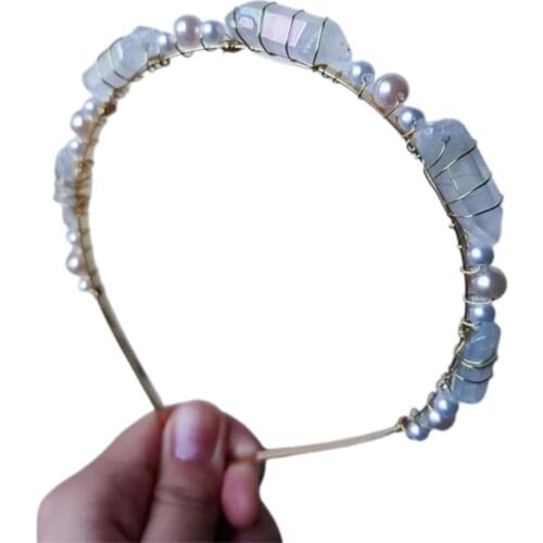 F3MD Natural Stone Raw Quartz Crystal Headband Pearl Beading Crown Hair Hoop Bohemian Wedding Party Jewelry Hair Accessories