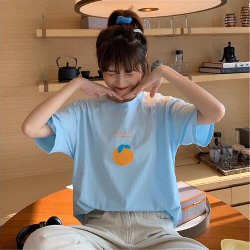 Orange Print Women T shirt New Fashion Short Sleeve Round Neck Female T-shirt Cotton Spandex Women Tops Tees