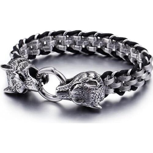 Punk Retro Leather Animal Wolf Bracelets For Men Hiphop Stainless Steel Biker Double Wolf Heads Charm Bracelet Wristband Jewelry