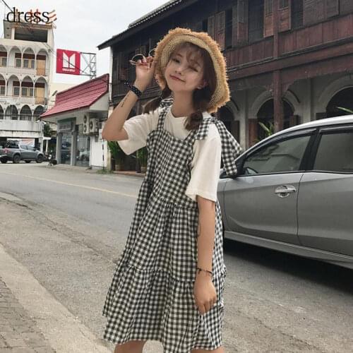 2021 cotton and linen strappy beach skirt large size loose suspender suit dress summer plaid pregnant woman cake strap A-line sk