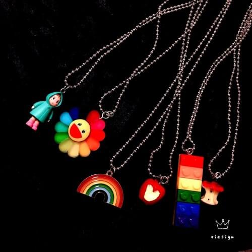Harajuku style rainbow resin Y2k brick sunflower necklace for egirls women kids ball chain kawaii doll jewelry korean style