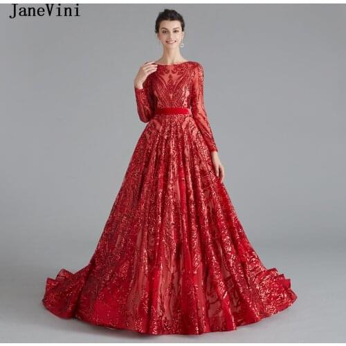 JaneVini Luxury Dubai Custom Made Long Sleeve Red Evening Dress Sparkle Sequins Open Back A Line Arabic Dinner Dresses for Women