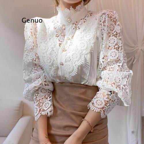 Petal Sleeve Stand Collar Hollow Out Flower Lace Patchwork Shirt Femme Blusas All-match Women Blouse Chic Button White Top
