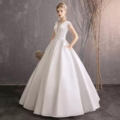 Wedding Dresses Vintage V-Neck Short Jersey Backless Floor-Length Natural Factors Luxury White Elegant Women Bridal Gown G489