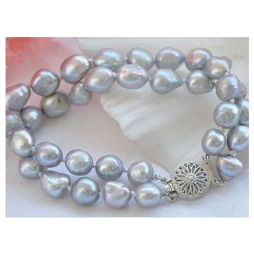 Pearl Bracelet 7.5 Inches Double Rows 8-9mm Gray Baroque Pearl Bracele