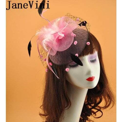 JaneVini 2019 Pink Feathers Veil Bride Hat Headdress Women Fascinator Headband Wedding Party Bridal Net Hat With Hair Pin Black