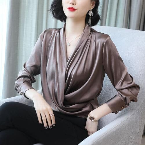 Womens Spring Autumn Style Silk Blouses Shirts Womens Button V-Neck Long Sleeve Solid Color Button Korean Elegant Tops SP663