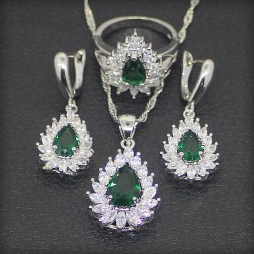Classic Green Stones White Australian Crystal 925 Sterling Silver Jewelry Sets For Women Sliver Earrings/Pendant/Necklace/Ring