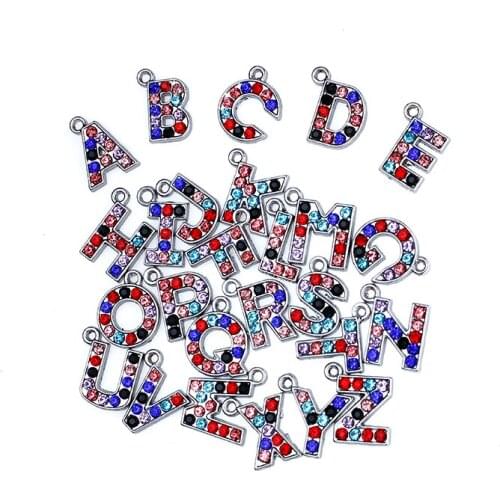 10p Multicolor Rhinestone Hang Letters Charms Pendant15x15mm Zinc Alloy Fit Necklace Bracelet Pet Dog Collar Tag Anklet DIY Gift