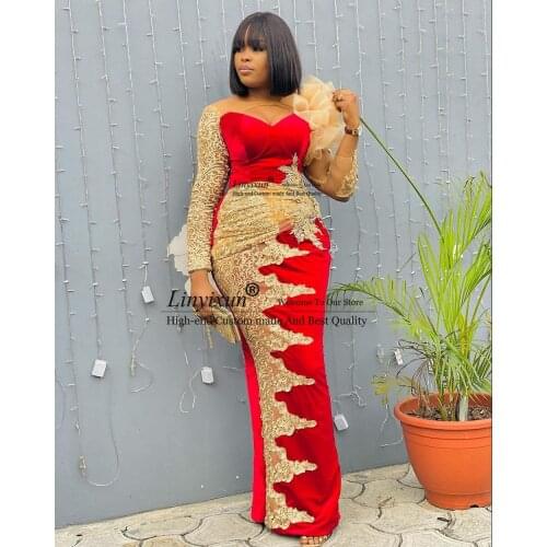 2021 Red Lace Aso Ebi Evening Dresses Mermaid Long Sleeves Women Plus Size Velvet Party Gown Appliques Sheer Prom Gowns