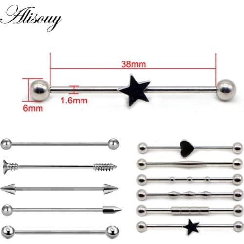 Alisouy 1pc 14G Heart Star Arrow Steel Ear Cartilage Piercing Barbell Earring Body Jewelry Tragus Caritlage 38mm Long Ear Bar