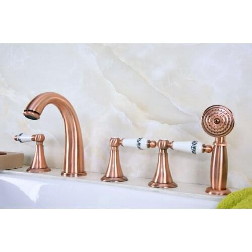 Antique Red Copper Brass Widespread Three Handles Deck Mounted 5 Holes Bathroom Tub Faucet Mixer Tap With Handshower mtf208