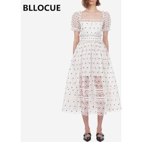 BLLOCUE High Quality Luxury Runway Self Portrait Dress Fashion Women Sexy Short Sleeve White Lace Wave Point Dress Vestidos