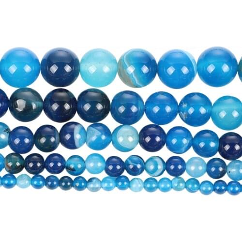 Natural Stone Blue Veins Agates Stripe Charm Round Loose Beads For Jewelry Making Needlework Bracelet Diy Strand 4-12MM